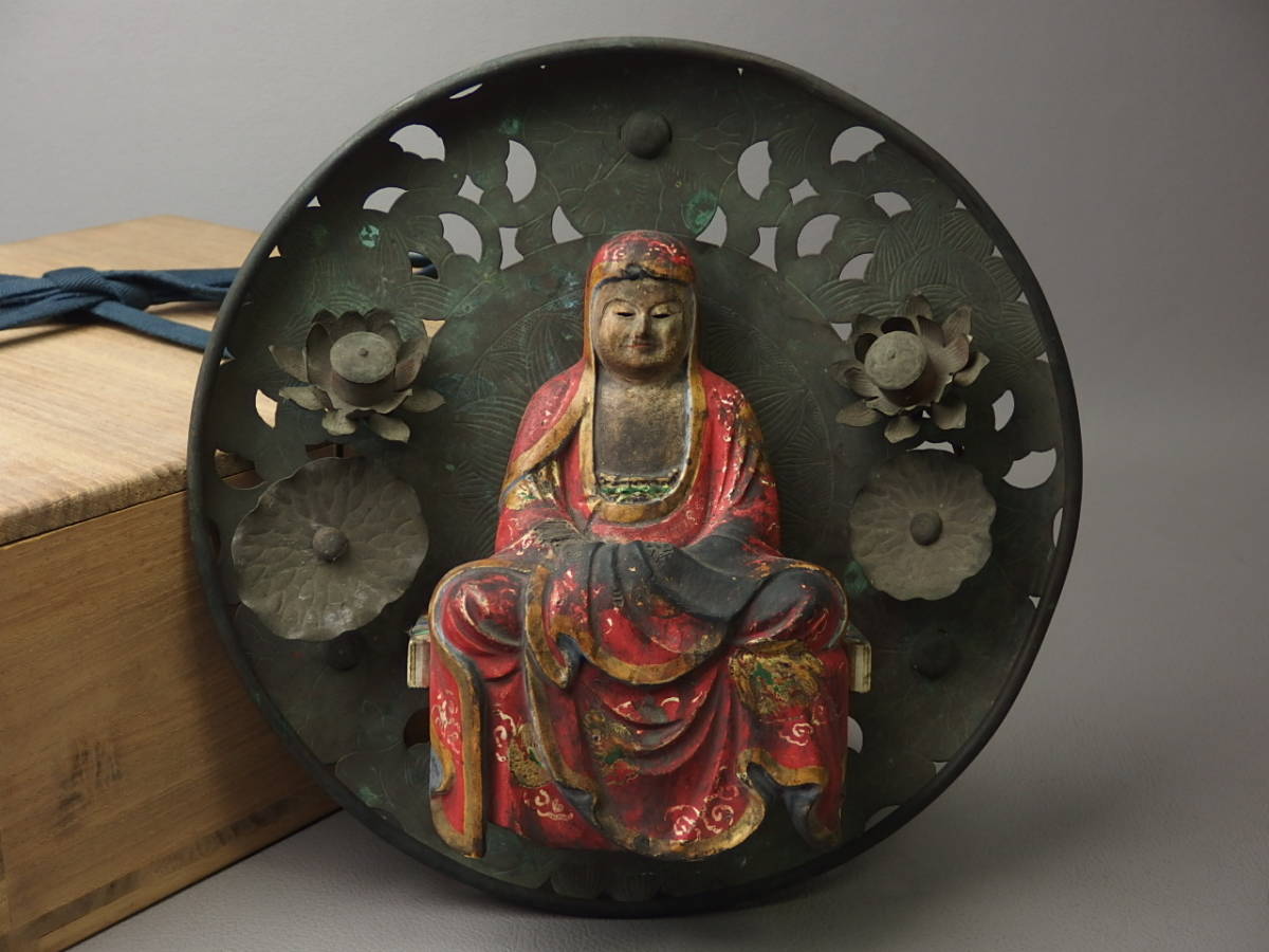 【骨董・仏教美術】★古い 木彫 掛仏★★彩色阿弥陀仏座像 華鬘 co016xl.8 達磨大師 神像拍卖