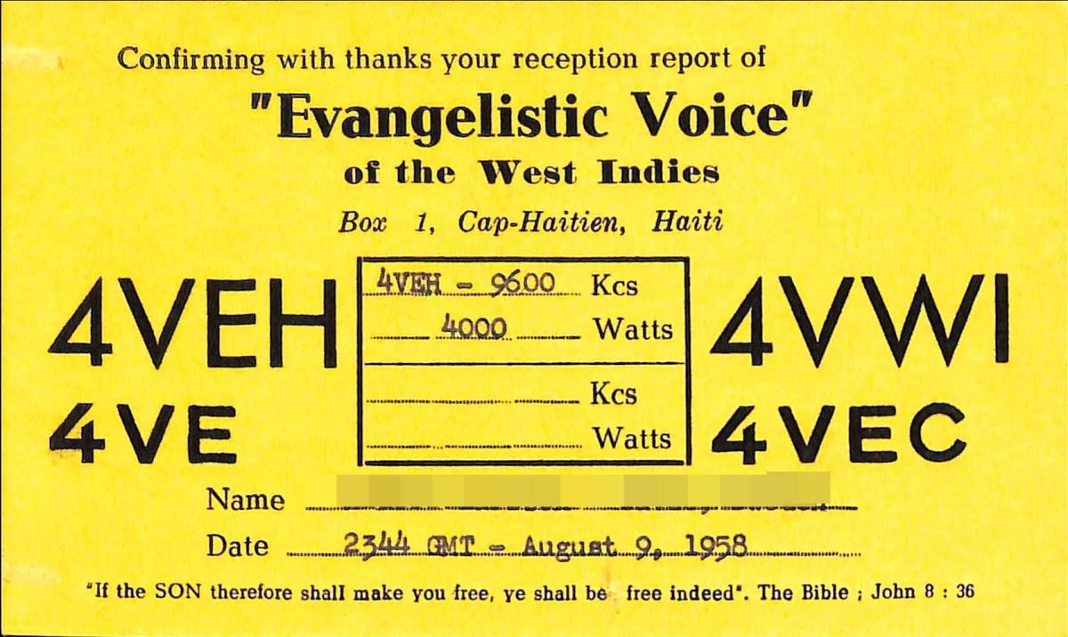 即決★送料込★BCL★入手困難★希少ベリカード★ハイチ★4VEH放送★西インド諸島★1958年 拍卖