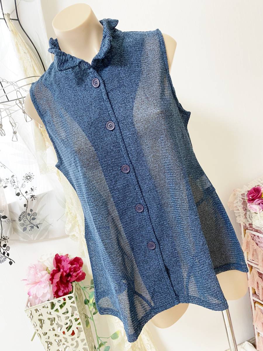 レディスMサイズ:百合/小泉アパレル◆衿針金入りデザイン/ポリニットノースリーブカーディガン*ベスト:緑青黒拍卖