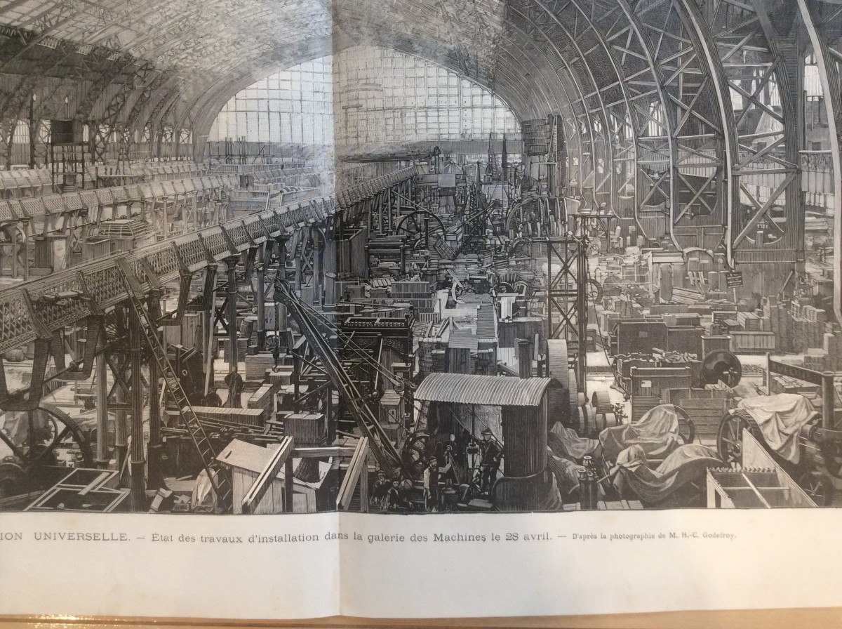 1889年 パリ万博 メイン会場の機械ギャラリーの展示準備 大判オリジナル木版画拍卖