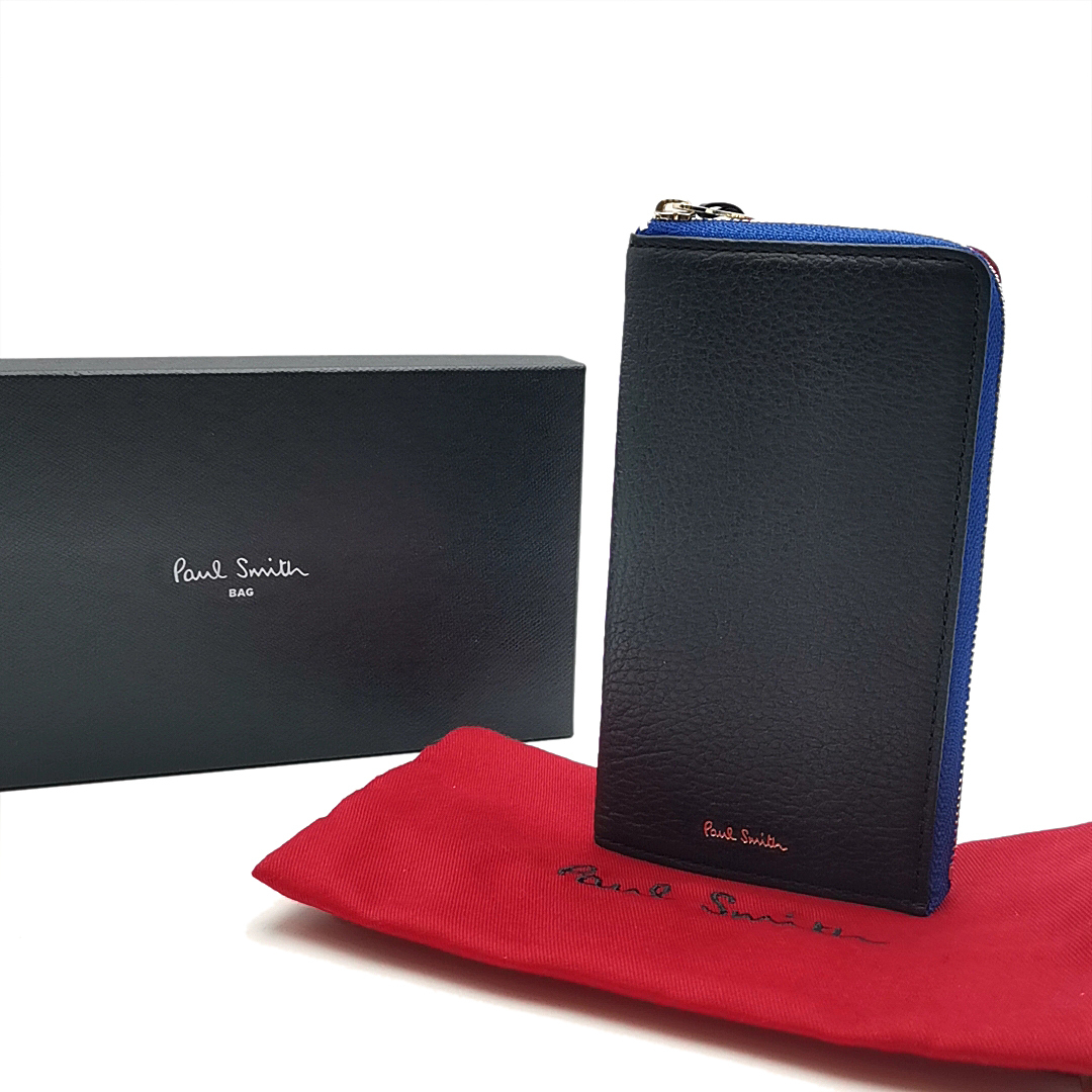 送料無料 超美品 ポールスミス PAUL SMITH マルチケース スマホケース L字ファスナー アシンメトリー レザー 本革 黒系 メンズ レディース拍卖