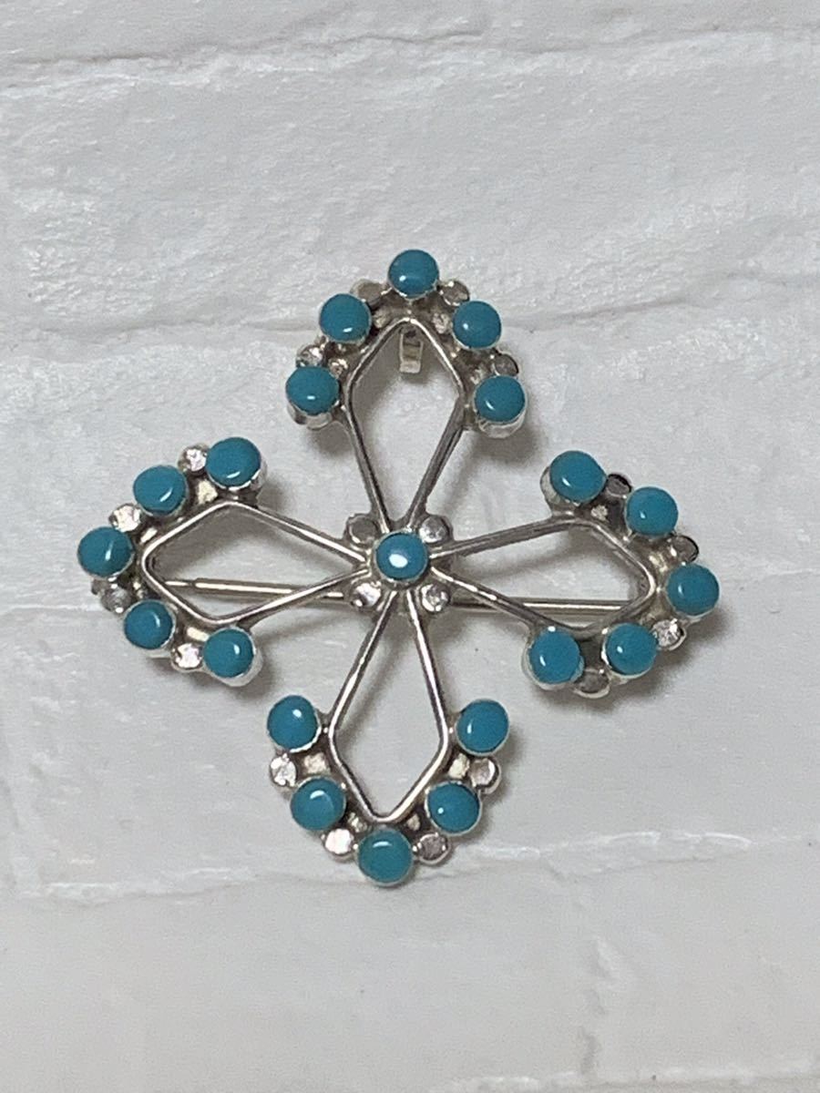 インディアンジュエリー ペンダントトップ ブローチ Zuni ズニ プチポイント アーティスト ターコイズ シルバー ストーン ネックレス拍卖