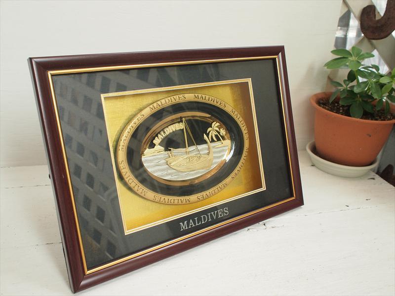 未使用・モルディブ土産・額入り飾り☆リゾート旅行思い出インテリアディスプレイ拍卖