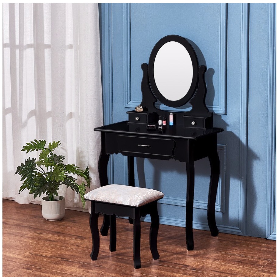 寝室の家具ドレッシングテーブル化粧洗面化粧台3引き出しスツール 黒拍卖