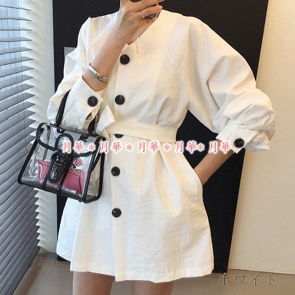 ワンピース 夏 秋 服 レディース ホワイト 白 ベルト付 ミニ丈 Vネック 前ボタン ボリューム袖 長袖 180806拍卖