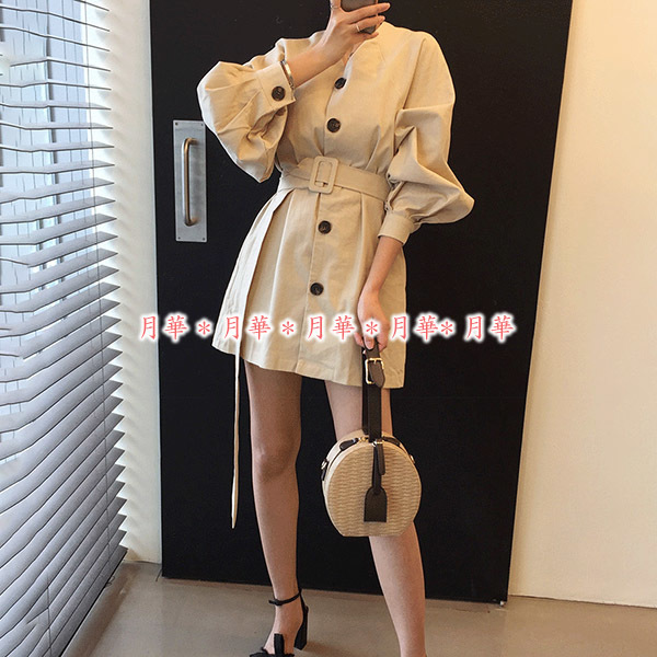 ワンピース 服 ベージュ ベルト付 1808067 ミニ丈 Vネック 前ボタン ボリューム袖 長袖 春 夏 秋拍卖