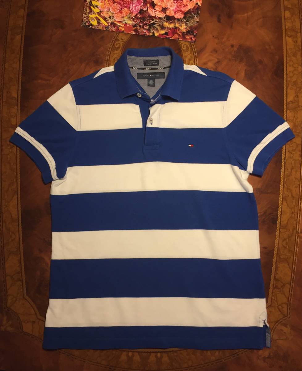 Tommy HILFIGERトミー・ヒルフィガー/ ポロシャツ/ M程度 / ネイビー×ホワイト(ボーダー柄)/ 送料230円拍卖