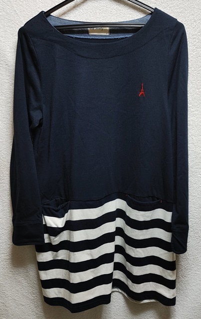 Lサイズ cutie beauty 長袖 七分袖 カットソー チュニック 紺色×ボーダー紺白拍卖