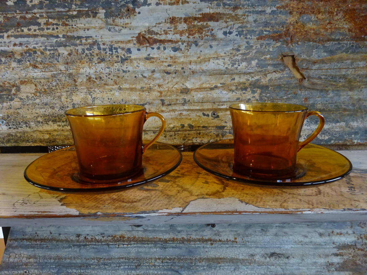 【フランス蚤の市耐熱ガラスのコーヒーカップ&ソーサー2客】紅茶ケトル喫茶店ポット食器やかんカフェ古道具アンティーク骨董インテリア拍卖
