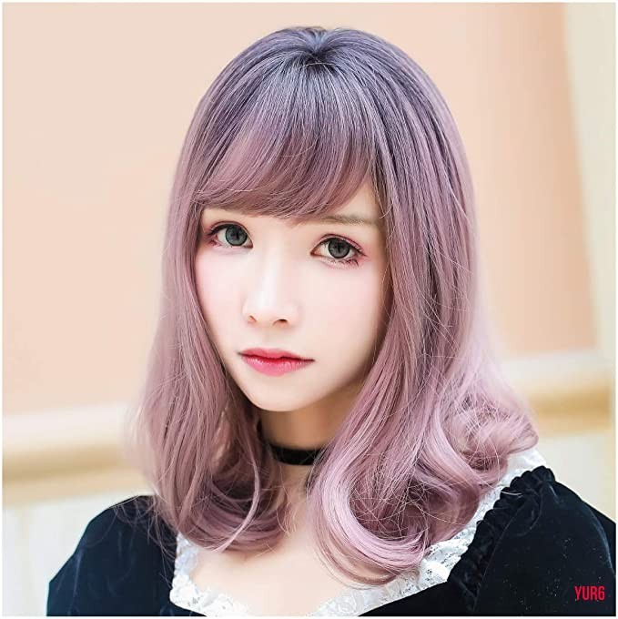 レディース ミディアム ウィッグ セミロング ストレート 前髪 かつら フルウィッグ シースルーバング 人口頭皮 ブラック×アッシュピンク拍卖