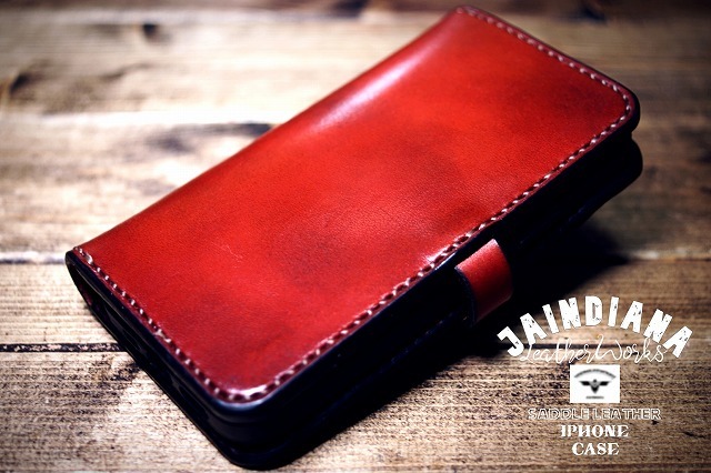 ハンドメイド サドルレザーiPhone12ケース ビンテージ染めバーガンディー( iPhone12miniでの製作も可)拍卖