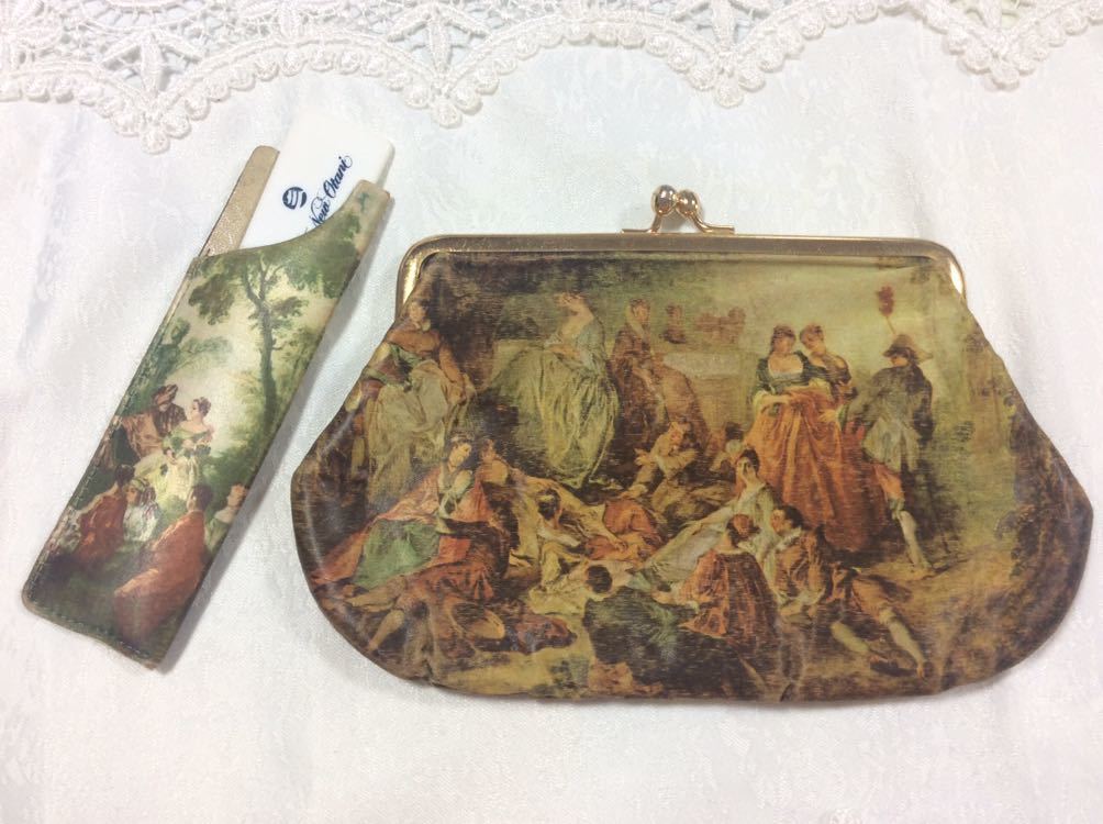 中古イタリア製ヴィンテージ中世ルネッサンス柄シルク素材クシ入れ&化粧ポーチ2個セット拍卖