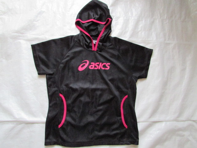 送料無料 レディース Mサイズ USED asics 半袖 ウォームアップ パーカー フード フーディー ジャケット アシックス ブラック/ピンク系 拍卖