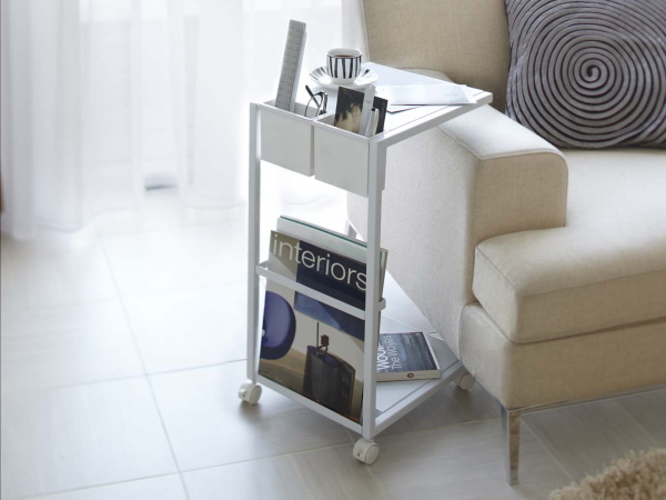 キャスター付き サイドテーブルワゴン(白) サイドテーブル ベッドサイド ソファサイド ワゴン リモコン収納 ホワイト 便利 人気拍卖