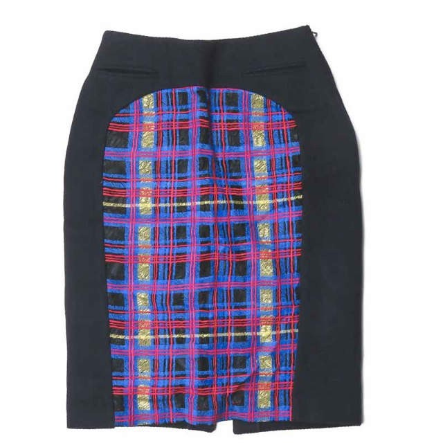 muller of yoshiokubo ミュラーオブヨシオクボ 日本製 ウールチェックタイトスカート MLF14401 38 ネイビー 刺繍 ボトムス ☆☆lc28420拍卖