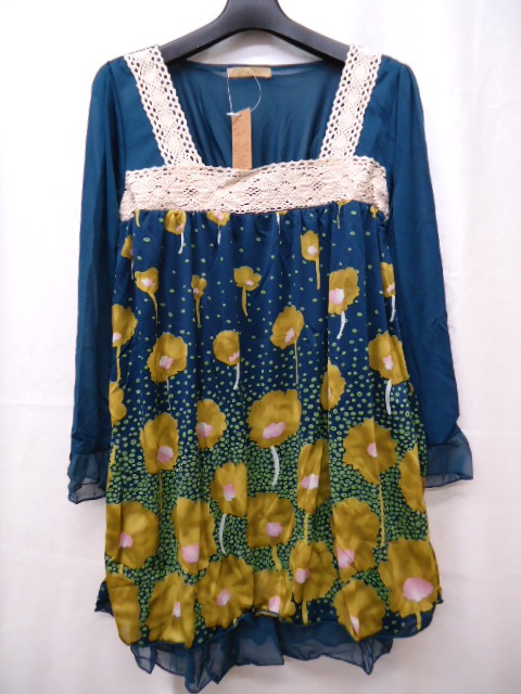 【KCM】autar-19-M■激安■レディース シフォン切替 花柄チュニック ブルーグリーン系 M 拍卖