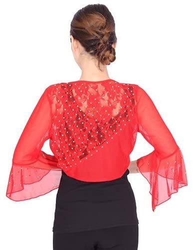 新品◎社交ダンストップス ◎ストーン付き 切り替えレース ボレロ 豪華 きれいな赤 合わせやすい ふんわり 優雅拍卖