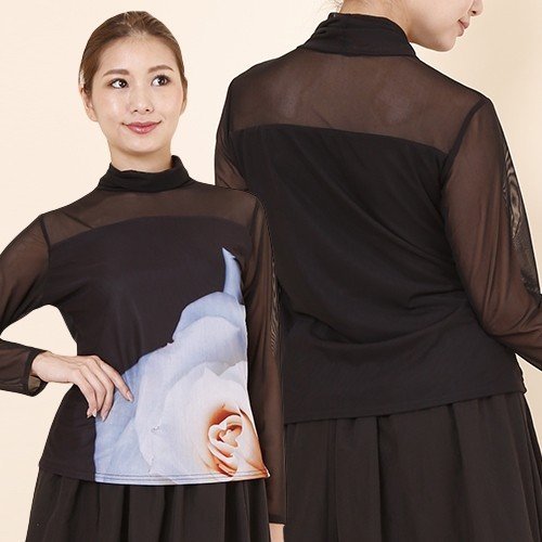 新品◎社交ダンストップス ◎絵画風薔薇プリントが 素敵 黒 ブラックXシロ 普段にも拍卖