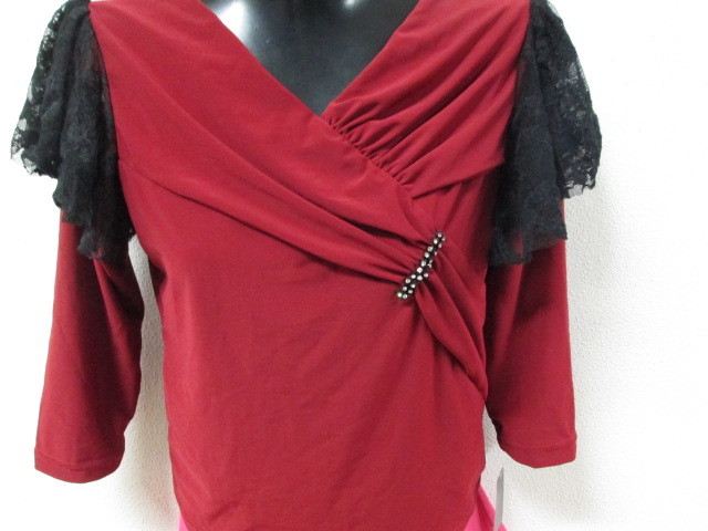 新品◎社交ダンストップス ◎袖山レース ゆらゆら 赤系 出品 色違いもあり(紫) 踊るとワイルド拍卖