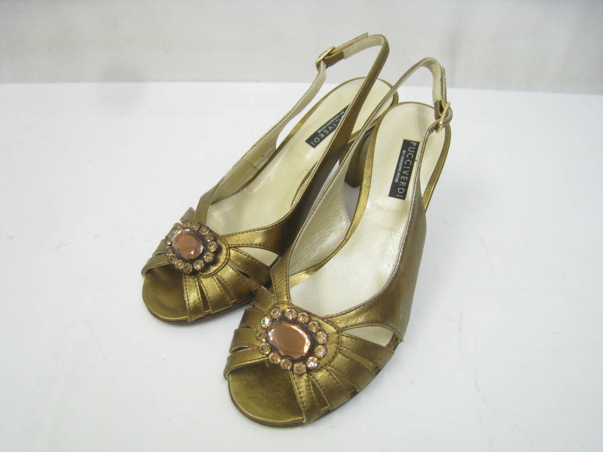 イタリア製 PUCCIVERDI ビジュー ヒール パンプス サンダル メタリック ゴールド サイズ35/22.5cm拍卖