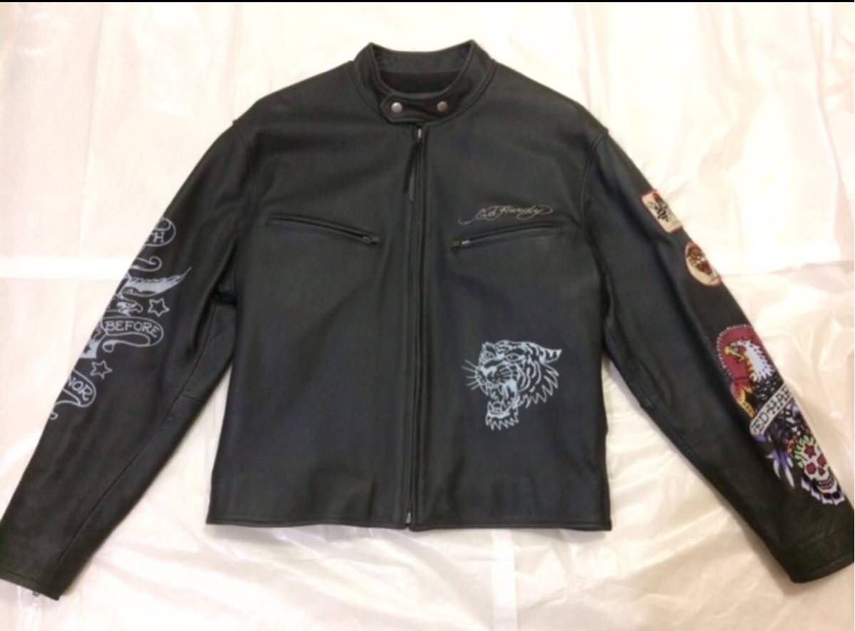 【豪華、スペシャルモデル、正規品、本物】 Ed Hardy エド・ハーディー レザー ライダース ジャケット 刺繍 ワッペン タイガー 虎 トラ L拍卖