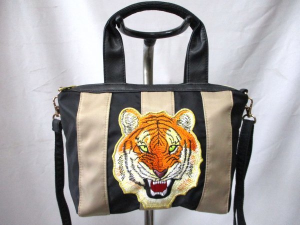 トラ ワッペン付き◇2way ハンドバッグ BK×BR 斜め掛け W27cm拍卖