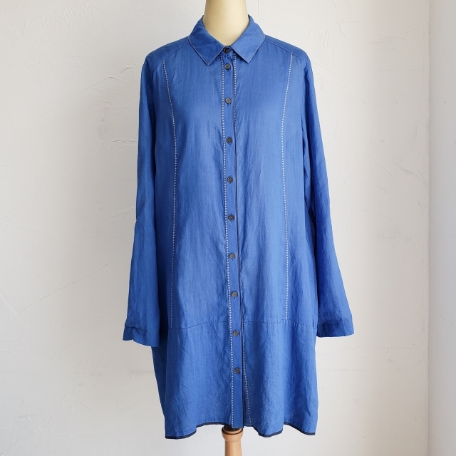 トランク ヒロココシノ リネン ロング シャツ シャツワンピース 40 ブルー 長袖 薄手TRUNK HIROKO KOSHINO拍卖