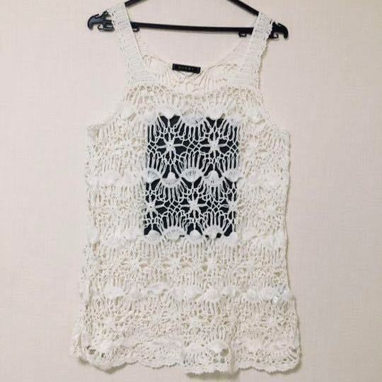 カットソー ノースリーブ コットン 手編み ニット 袖なし レディース★総柄 k48 タンクトップ ベスト拍卖