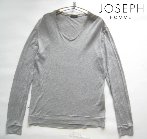 美品日本製!!ジョゼフオム JOSEPH HOMME*美シルエット リヨセルウールニットVネックセーター 48 実寸M グレー拍卖