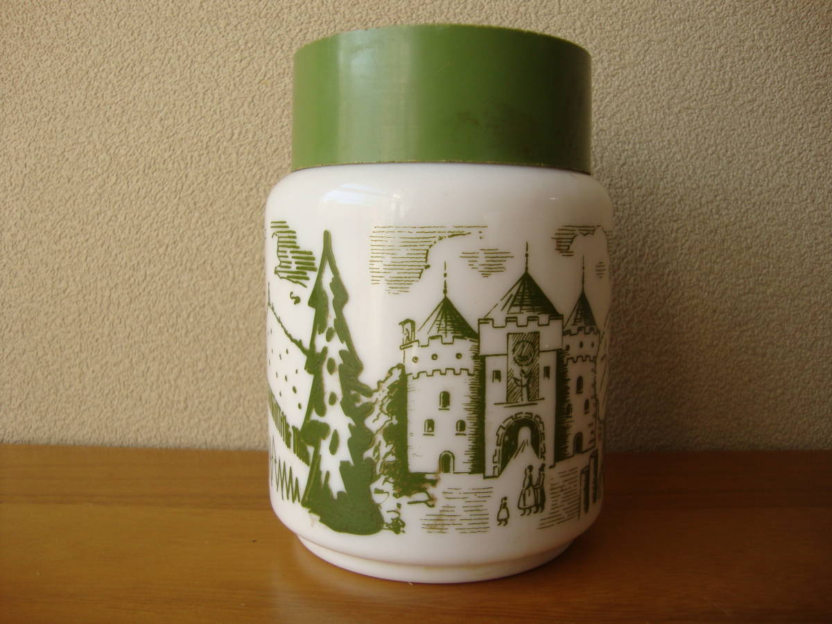 昭和 レトロ 乳白色 ミルク ガラス ビン 瓶 風景 山 丘 海 城 ヨット 柄 ヴィンテージ アンティーク拍卖