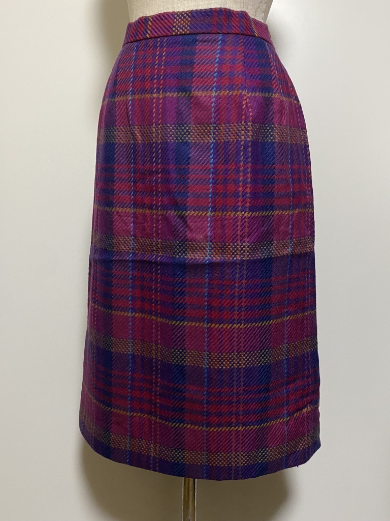 ▼ 90's レトロ古着 KORET コレット チェック柄 ウール タイトスカート ミディ ミモレ丈 ピンク パープル 紫 バックタック入り 秋冬 拍卖
