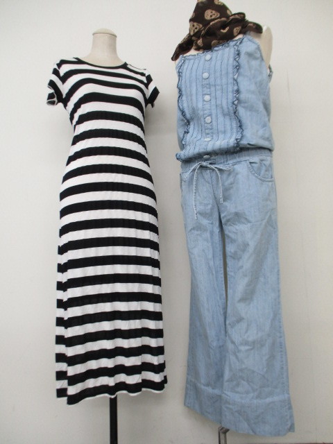 【お買得!】★ワンピース&サロペットセット★①Musee/半袖Tシャツワンピース/白黒ボーダー/F②angelina/デニムサロペットパンツ/M相当拍卖