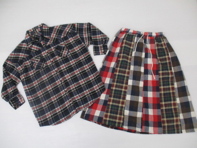 【お買得!】★チェック柄ネルシャツ&スカートセット★①長袖ネルシャツ/紺/M ②ロング丈厚手スカート/ウエストゴム&紐/裏地付き拍卖