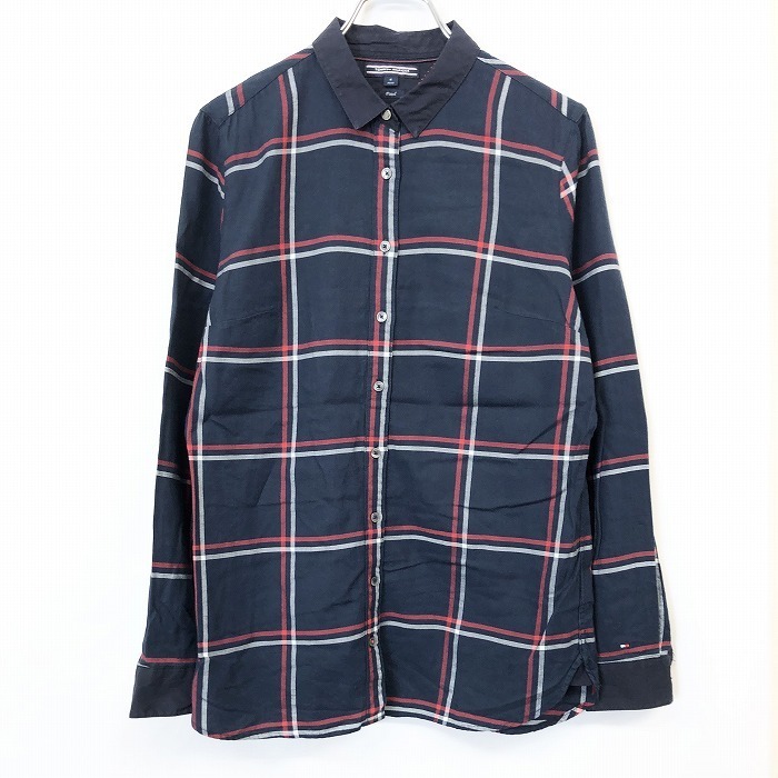 TOMMY HILFIGER トミーヒルフィガー 6 レディース 女性 シャツ トップス Fitted チェック 長袖 ロングスリーブ 綿100% ネイビー 紺拍卖