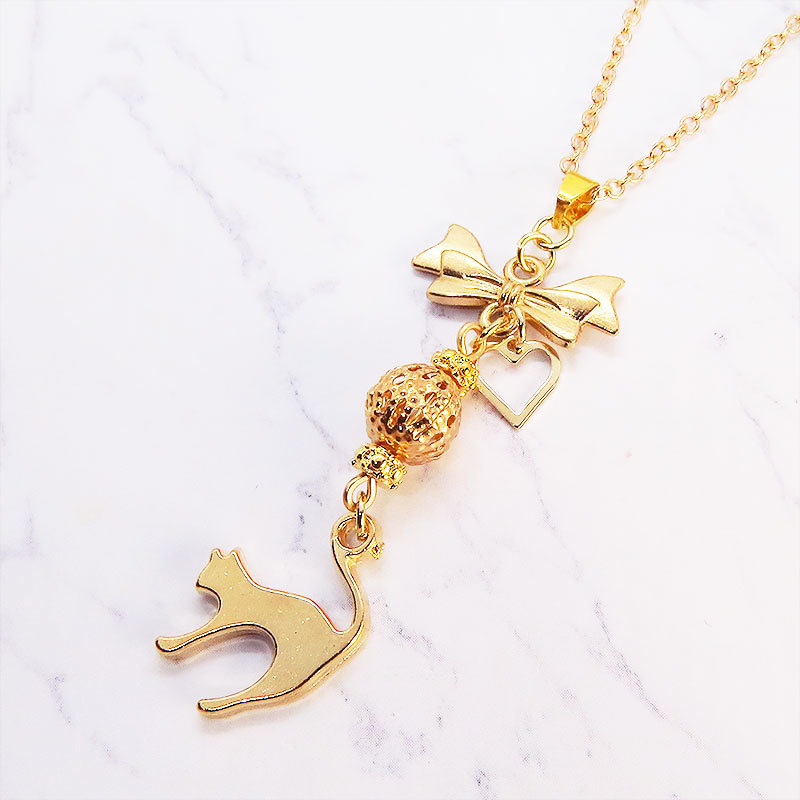 マットゴールド 跳ね猫とリボンネックレス メタルビーズ 長さ調整可 ステンレス可 アジャスター追加可拍卖