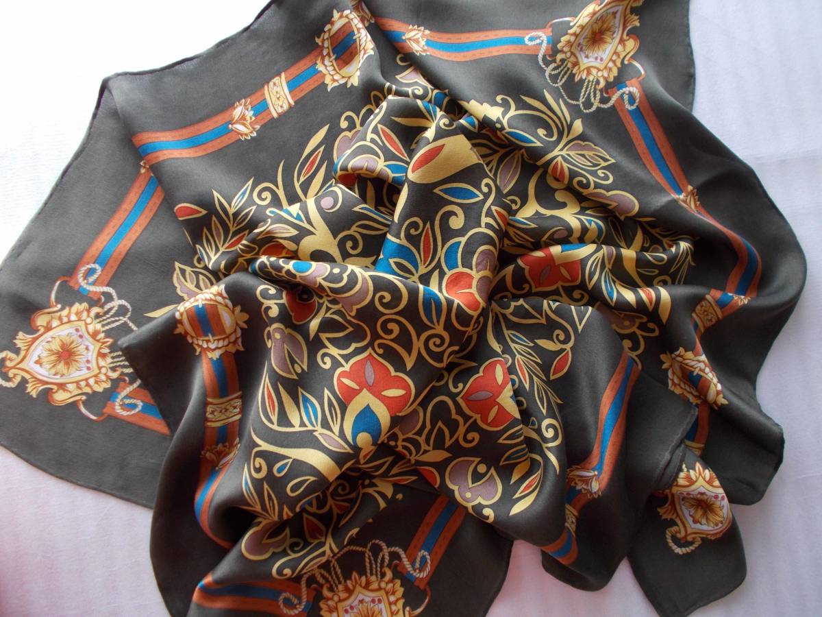 スカーフ レディース 大判 茶x赤x黄 柄拍卖