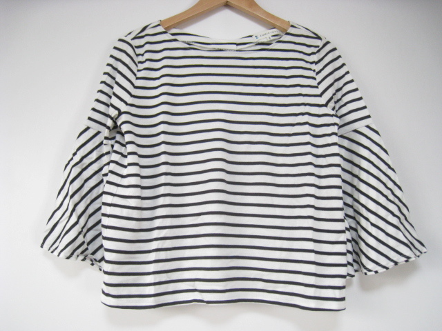 KUMIKYOKU 組曲 トップス カットソー 七分袖 袖フリル 白×黒 ホワイト×ブラック ボーダー サイズ2拍卖