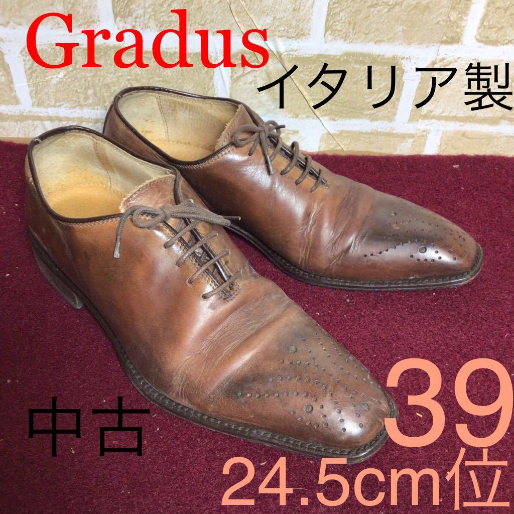 【売り切り!送料無料!】A-146 Gradus!ビジネスシューズ!39 24.5cm位!ブラウン!ストレートチップイタリア製!ドレスシューズ!中古!拍卖