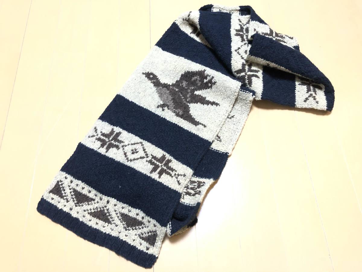 【廃番/入手困難】センス抜群◎RALPH LAUREN ウール混紡 濃紺xベージュ&カモ・モチーフ 幾何学模様仕様 最高級マフラー☆RRL ビンテージ拍卖