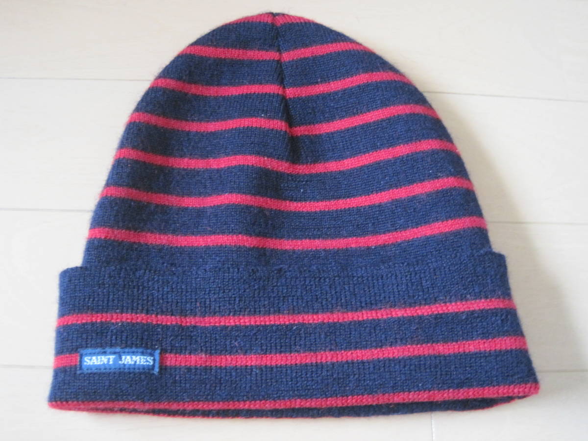 セントジェームス SAINTJAMES ニット帽 ネイビー×赤拍卖