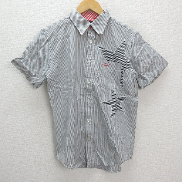 m■トミーヒルフィガー/TOMMY ストライプ×スター柄 半袖シャツ【M】灰色/MENS/43【中古】拍卖