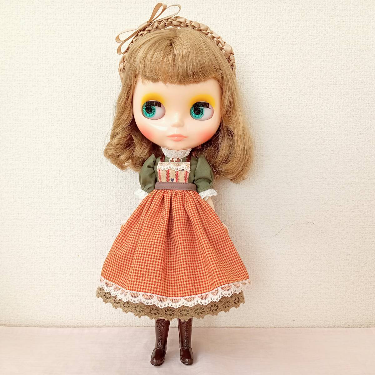 送料無料! ハンドメイド ネオブライス・リカちゃんの服 「エプロン付き カントリー風ワンピースセット(緑)」ブライス 服 ワンピース 拍卖
