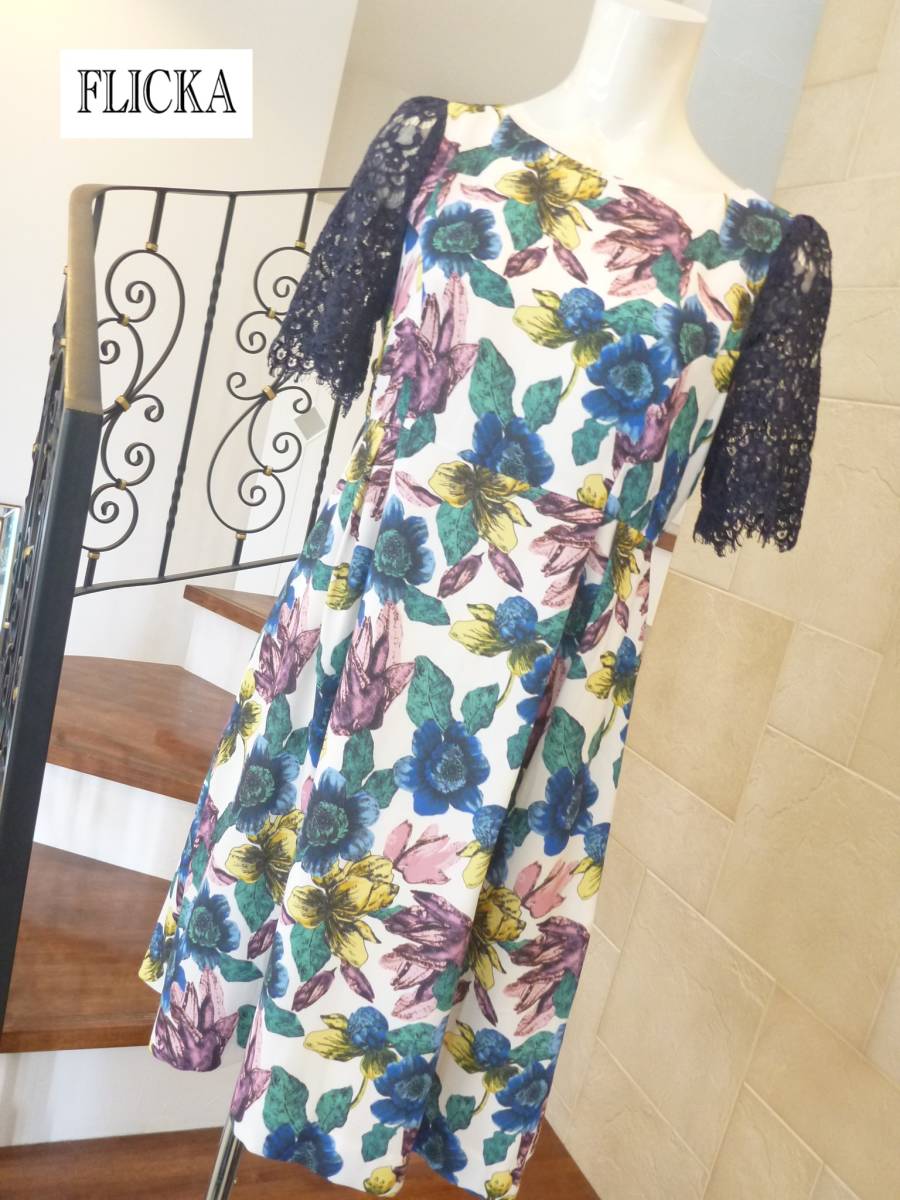 4.9万 超美品 FLICKA フリッカ ★日本製 肩レース紺×白×花柄 ワンピース 1 M相当 ユナイテッドアローズ拍卖
