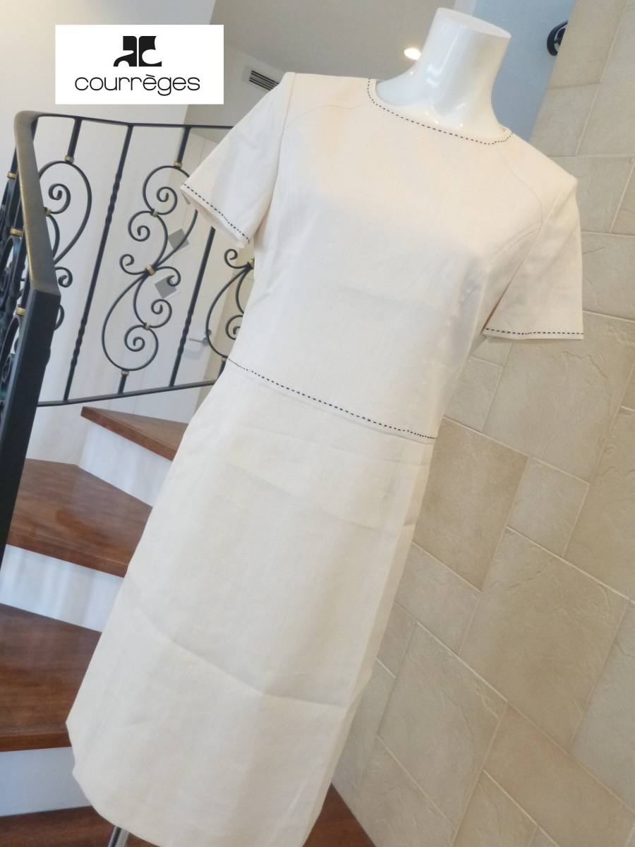 8万 未使用 Courreges クレージュ ★日本製 アイボリー×黒ステッチ 半袖 美ライン ワンピース 9 M相当拍卖