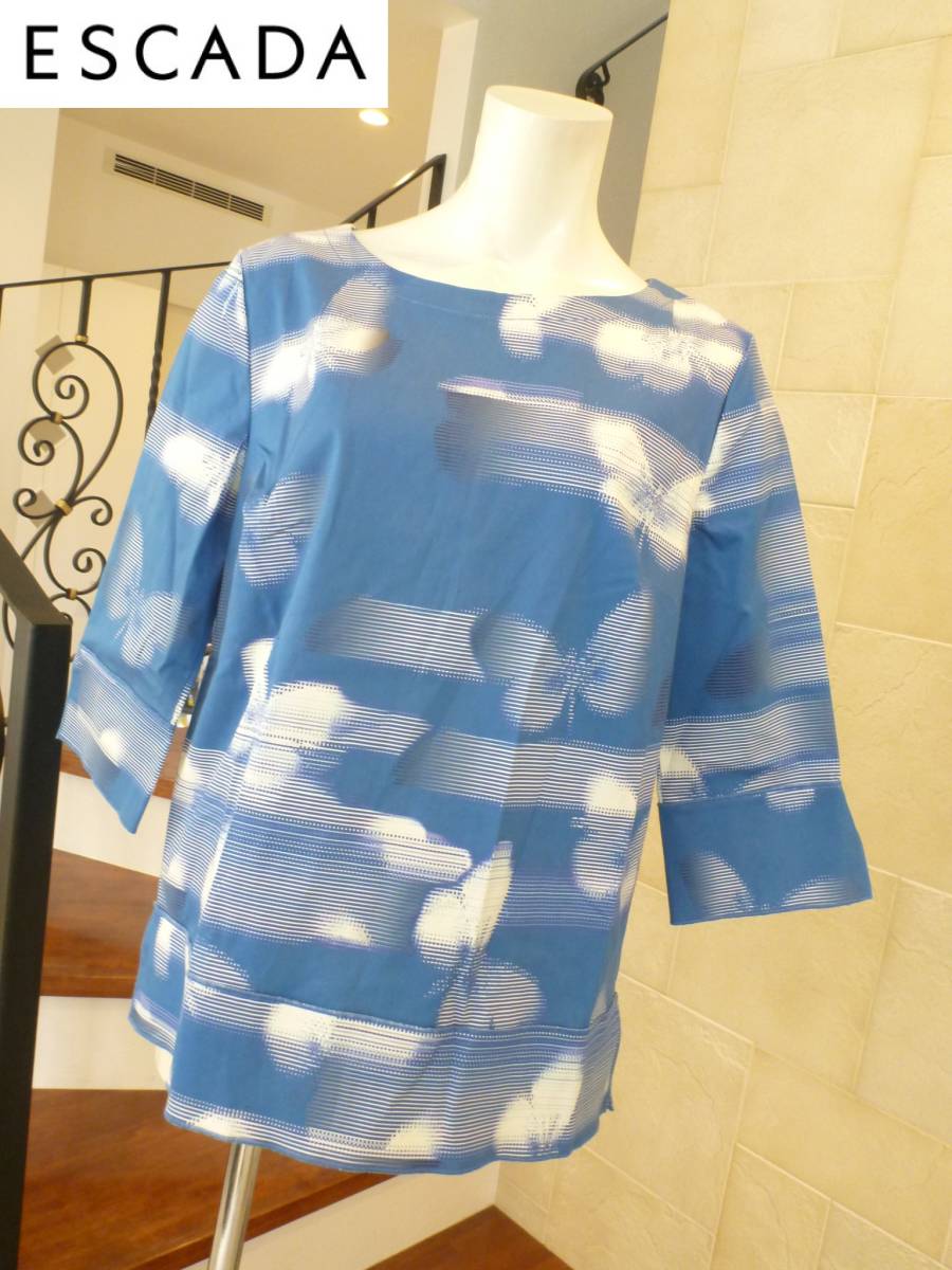 美品 ESCADA エスカーダ ★ 水色×白 5分袖 ブラウス 38 L相当拍卖