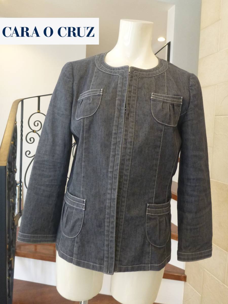 4.5万 美品 CARA O CRUZ キャラオクルス ★レリアン デニム系 ノーカラー ジャケット 9 M相当拍卖