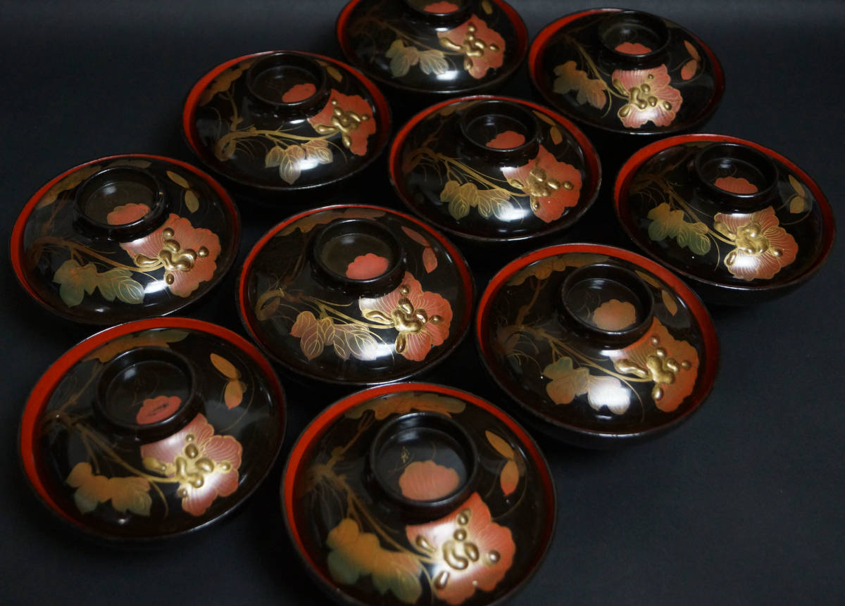 【閑】茶道具 明治期 金蒔絵『蝶々花文』木製吸物椀 10客セット 懐石道具★時代物★拍卖