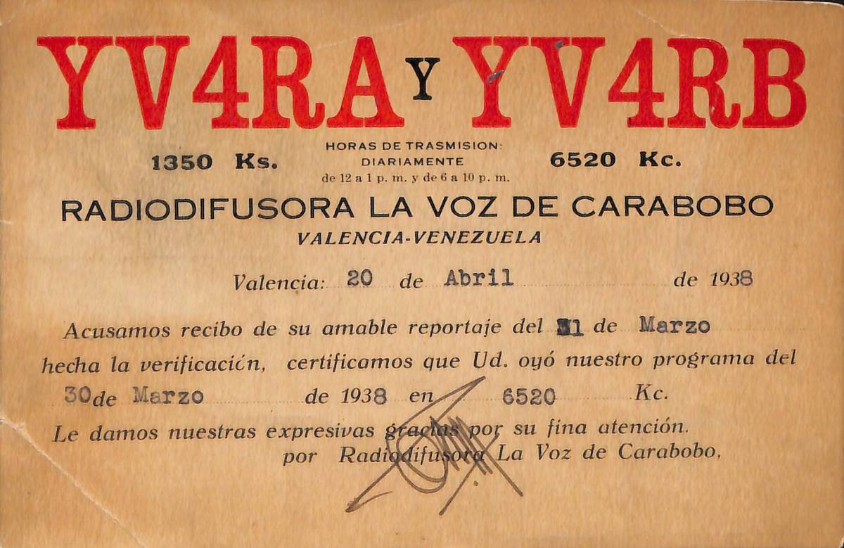 即決★送料込★BCL★激レア★入手困難★希少ベリカード★YV4RB★LA VOZ DE CARABOBO★カラボボの声★中米★ベネズエラ★1938年★昭和13年 拍卖