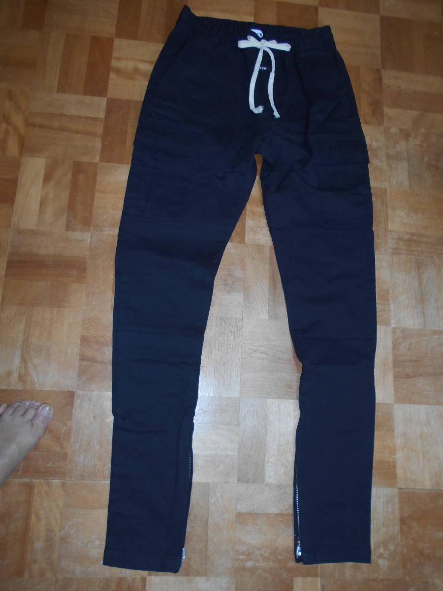 ★BLACK 綿100%ウエストシャーリング&コード 裾サイドジッパー デザインカーゴパンツ★黒size30★拍卖