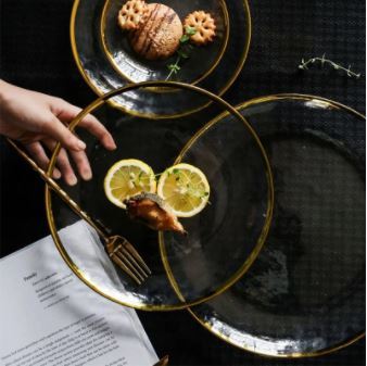 【金象嵌エッジ】ガラス食品サービングプレート,メイン皿洋食器(Sサイズ)拍卖